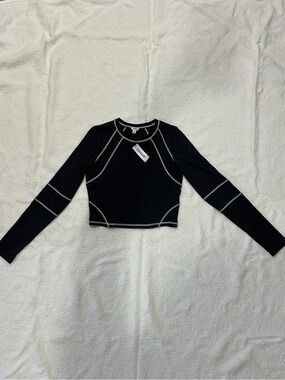 Garage Black Long-Sleeve Crop Top with Contrast Stitching (Brand New)